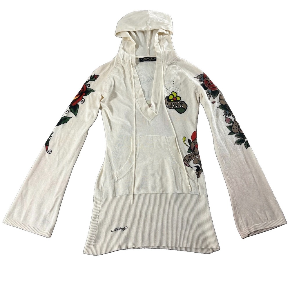 Ed Hardy Love Kills Slowly Sweater Womens S White Rhinestone Hearts Roses Hoodie